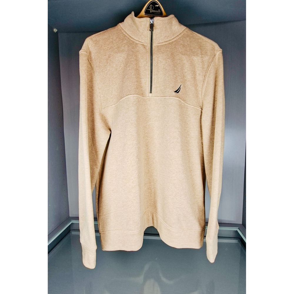 Nautica Mens Large Tan Heather Quarter Zip Pullover Sweatshirt Cotton Blend L